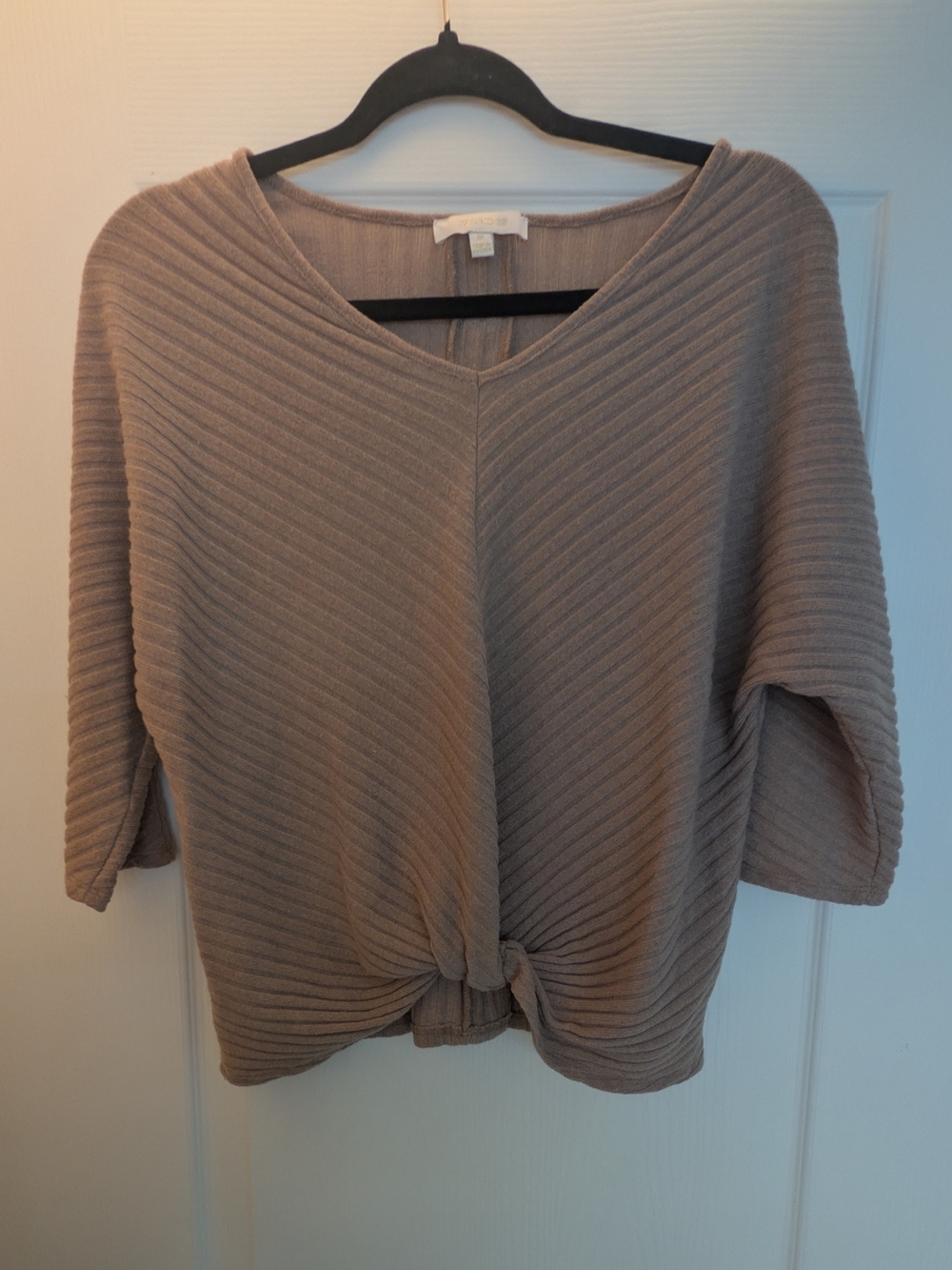 Knot-Front V-Neck Ribbed Sweater in Taupe